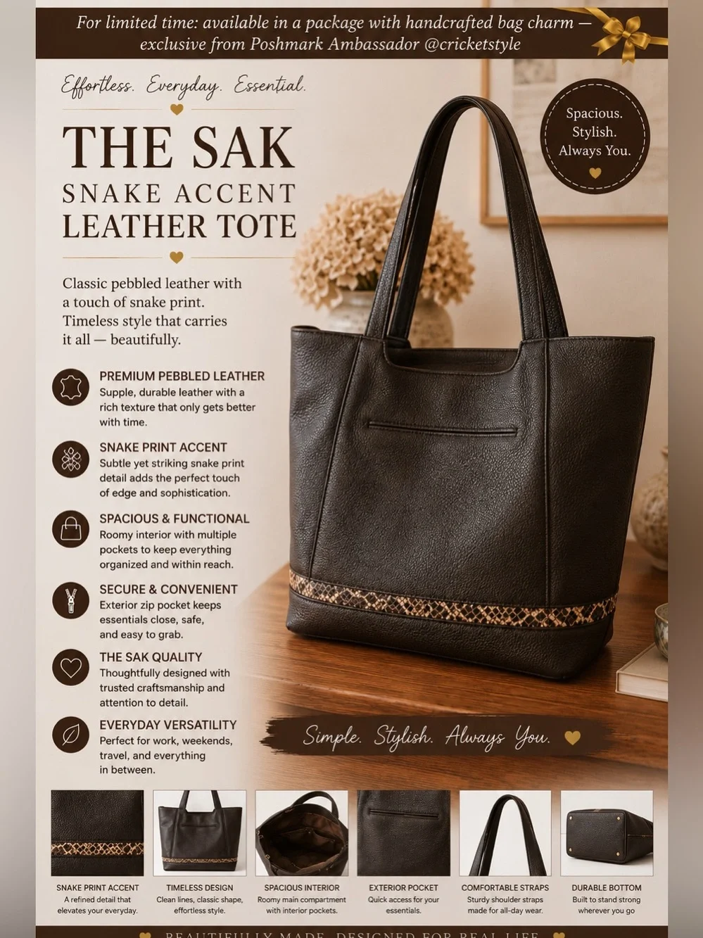 The Sak Leather Tote w/Snake-Print Trim & Handcrafted Charm Bundle
